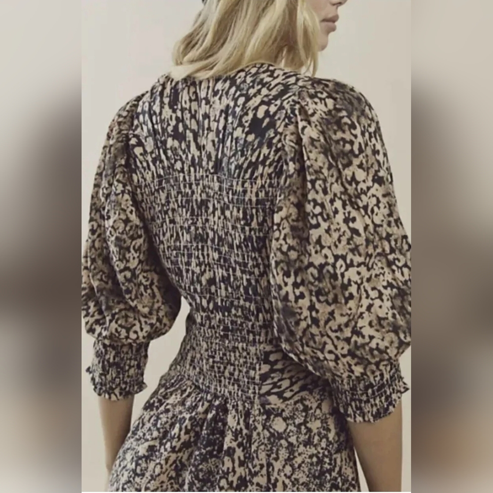 Free People String Of Hearts Printed Maxi Smocked V-Neck Dress Tan & Black Sz L - Picture 3 of 15